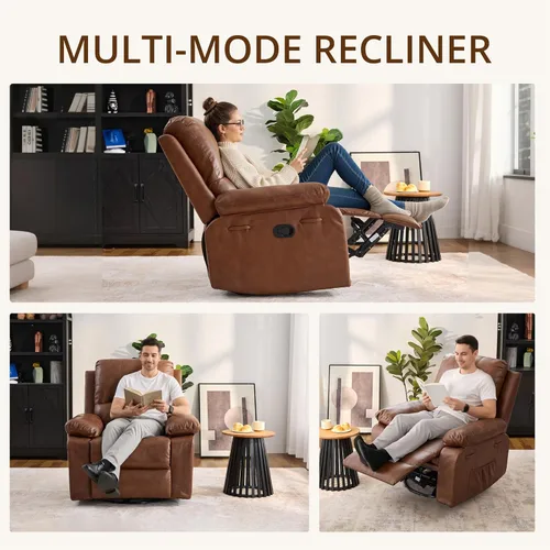 Miniatura 8 de Silla reclinable giratoria de cuero de 360° para adultos, sillón reclinable manual con cojín de resorte, sofá individual con bolsillos laterales