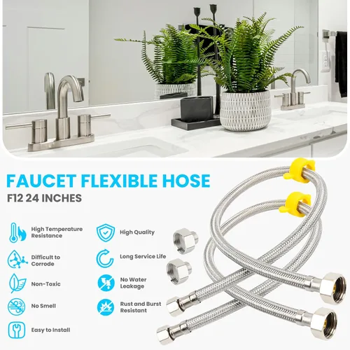 Miniatura 7 de Klabb Línea de suministro de grifo trenzado de acero inoxidable de 24 pulgadas, conector FIP de 1/2" x compresión de 3/8", conector de agua flexible