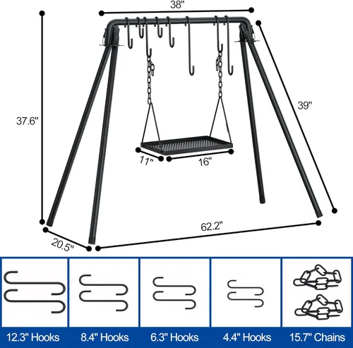 Miniatura 2 de RELIANCER Columpio para parrilla, soporte de cocina con 8 ganchos y bolsa de almacenamiento, parrilla de hierro fundido para barbacoa, parrilla