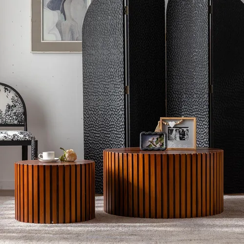 Miniatura 19 de Juego de 2 mesas anidables redondas con tapa abatible, juego de mesa auxiliar de madera de almacenamiento moderno de 2 piezas, 2 piezas de madera
