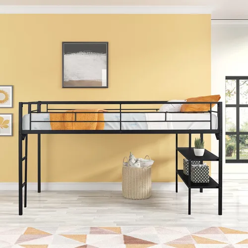 Cama baja de metal individual con estantes de almacenamiento y escalera, litera flotante para niños, ahorro de espacio, no necesita somier, fácil