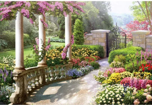 Telón de fondo de 5 x 3 pies para fotografía de jardín primaveral hermoso, arquitectura vintage de jardín, pilares, flores en flor, fondo para