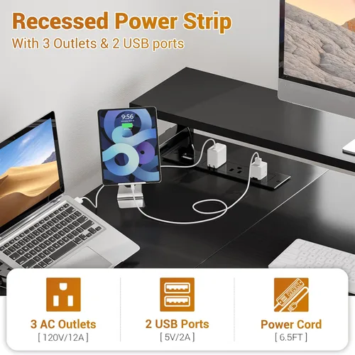Miniatura 3 de Aheaplus Escritorio en forma de L con cajón de archivos, escritorio reversible en forma de L para computadora y juegos con toma de corriente
