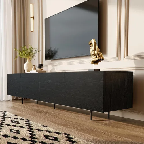 Miniatura 3 de Soporte de TV moderno de mediados de siglo, consola negra de 94.5 pulgadas para televisores de 65 a 85 pulgadas, 4 puertas de gabinete con 6
