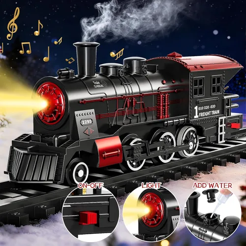 Miniatura 3 de Conjunto de Tren para Niños Pequeños de 2-4 años, Trenes Eléctricos con Vía, Humo, Luz, Sonido y Escena, Conjuntos de Tren de Navidad para Alrededor