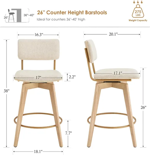 Miniatura 2 de ONEVOG Juego de 2 taburetes de bar giratorios de madera de 26 pulgadas de altura de mostrador, modernas sillas altas tapizadas para isla de cocina