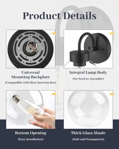 Miniatura 8 de EAPUDUN WLA1433-MBK - Lámpara de baño de 1 luz negra mate sobre espejo, luces de tocador con 1 globo de vidrio transparente, apliques de pared
