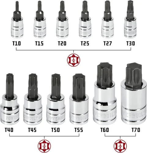 Miniatura 2 de Powerbuilt 940146 - Juego de llaves de vaso Torx de 13 piezas, tamaños T10-T70, puntas S2 y enchufes de cromo-vanadio, riel de almacenamiento