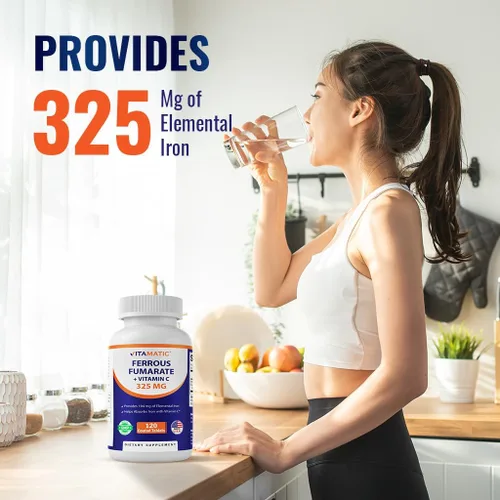 Miniatura 5 de Vitamatic Fumarato ferroso 325 mg + vitamina C 100 mg (104 mg de hierro elemental) – Suplemento de hierro de alta potencia – Suave para el estómago