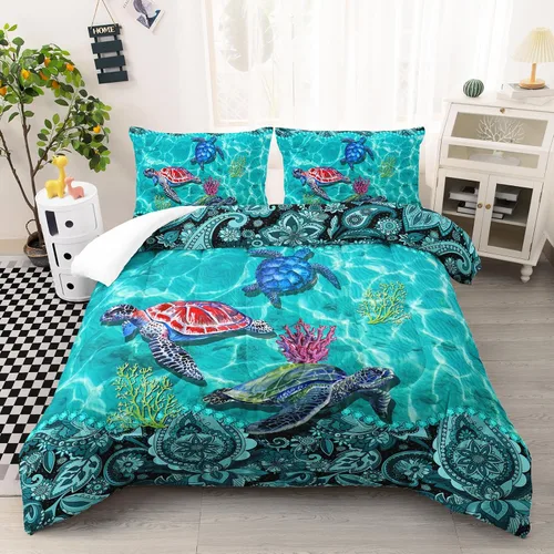 Miniatura 19 de AILONEN Lindo juego de edredón de ajolote tamaño Queen, 3 piezas para niños y niñas, ropa de cama en una bolsa, ropa de cama costera azul turquesa