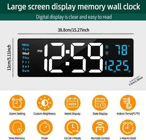 Miniatura 2 de LEIKE Reloj de pared digital grande de 16 pulgadas, control remoto, 2 alarmas, pantalla LED, DST automático, temperatura, reloj de luz nocturna