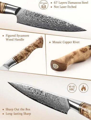 HEZHEN Cuchillo utilitario de 5 pulgadas con filo de navaja - Acero de Damasco con patrón de rosa multifuncional VG10 cuchillo profesional para
