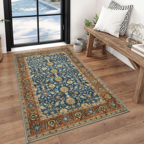 Miniatura 54 de KUTA Alfombras vintage de 2 x 3 pies para entrada, antideslizantes, lavables, tapete para puerta de interior con estampado floral, azul, gris, Azul