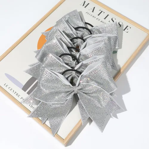 Miniatura 4 de DEEKA 6 lazos grandes de animadora con purpurina de 8 pulgadas con diamantes de imitación completos, lazos para el pelo de animadora coloridos Plata