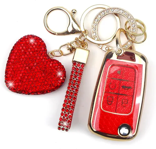 Miniatura 10 de Funda para llavero con llavero de diamante para mujer, portallaves de automóvil compatible con Chevy Cruze Camaro Malibu Equinox Impala GMC Buick