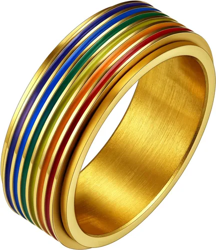 FaithHeart LGBT - Anillos para ansiedad con diseño de arcoíris, acero inoxidableoro de 18 quilates chapado en oro de 18 quilates, joyería