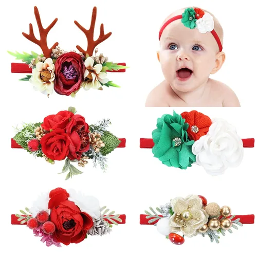 Miniatura 10 de Cinaci Paquete de 5 diademas delicadas de nailon con flores florales, accesorios para el cabello para bebés, niñas, recién nacidos, bebés y niños