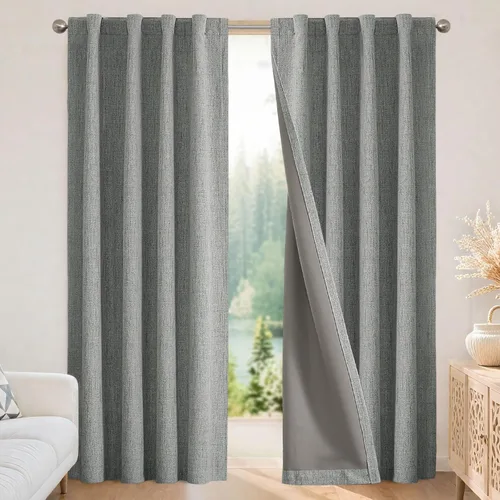 Miniatura 19 de Joydeco - Cortinas 100% opacas, 2 paneles de lino natural para oscurecer habitación, aislamiento térmico, trabillas traseras y bolsillo para barra
