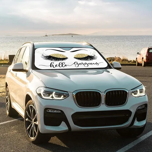 Miniatura 4 de Parasol para el parabrisas delantero del automóvil con impresión de pestañas con brillantina dorada, bloquea los rayos UV en verano, es plegable
