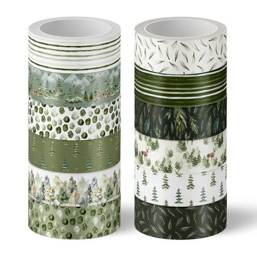 Whaline 12 Rollos Cinta Washi Bosque Verde Acuarela Vegetación Navideña Cinta de Enmascarar Patrón de Plantas de Árboles Verdes del Bosque Cinta