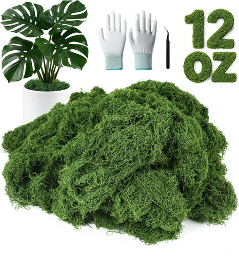 MGLIFEUL Musgo falso artificial de 12 onzas para manualidades, plantas de interior con guantes antiadherentes y pinzas, musgo artificial de planta
