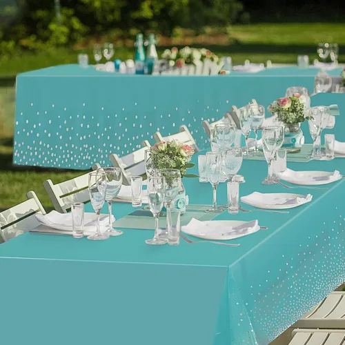 Miniatura 7 de Breling Mantel rectangular desechable de plástico con diseño de lunares color verde azulado y plateado, para cumpleaños, boda, baby shower