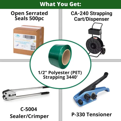 Miniatura 3 de IDL Packaging Kit de flejado de poliéster (PET) estándar de 1/2 pulgadas x 3440 pies con carrito, resistencia a la rotura de 780 libras - Solución