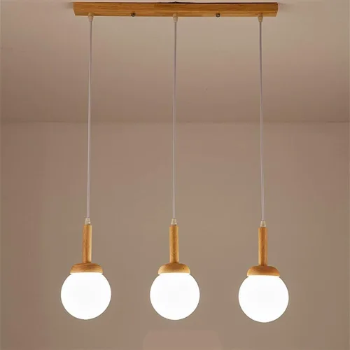 Vintage Farmhouse Wood Pendant Lights, Modern 3 Head Ceiling Hanging Lighting, Milky White Globe Glass Shade Chandelier for Kitchen Island Dining