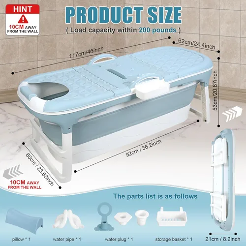 Miniatura 7 de Bañera portátil para adultos, bañera plegable grande de 46 pulgadas, bañera plegable reutilizable independiente, baño caliente, baño de hielo