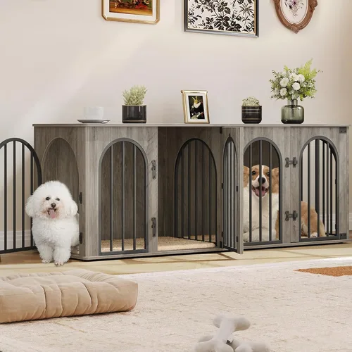 Hzuaneri Mueble jaula para perros de 63" para 2 perros, soporte de TV para perrera de interior resistente, jaula de madera L con divisor para perros