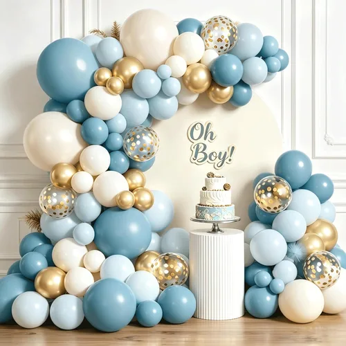 Dusty Blue Balloon Arch Kit， Baby Blue and gold Balloon Sand White Confetti Gold Balloons for Baby Shower Beach Party Birthday Wedding Decorations