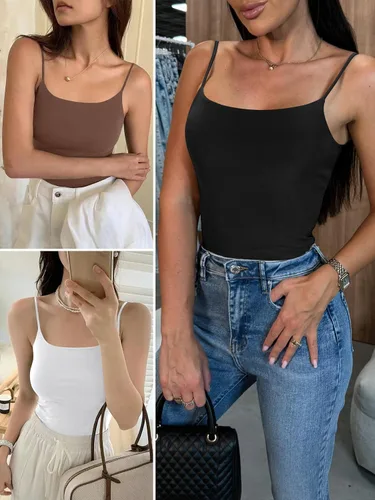 Miniatura 5 de ANRABESS Camisetas sin mangas para mujer con cuello cuadrado, tirantes delgados ajustables, camisetas de doble forro, camisetas básicas de verano