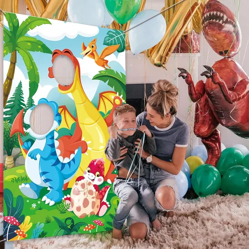 Miniatura 7 de DPKOW Accesorio para fotos de fiesta de dinosaurios para niños, divertido telón de fondo de cara en el agujero, pancarta de puerta de dinosaurio