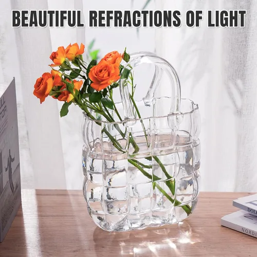 Miniatura 2 de NiHome Florero de cristal transparente con asa para flores, decoración de casa de campo, hecho a mano, jarrón de cristal de boca ancha para oficina