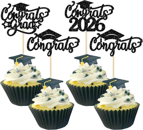 Miniatura 31 de Gyufise 24 piezas de decoración para cupcakes con purpurina para graduación 2026, decoración de pasteles para graduación 2026, decoración de Negro
