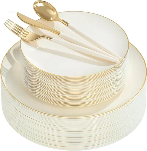 Miniatura 19 de DaYammi 150 platos de plástico negro plateado y cubiertos de plástico plateado, platos desechables de plata negra para incluir 30 platos llanos, 30
