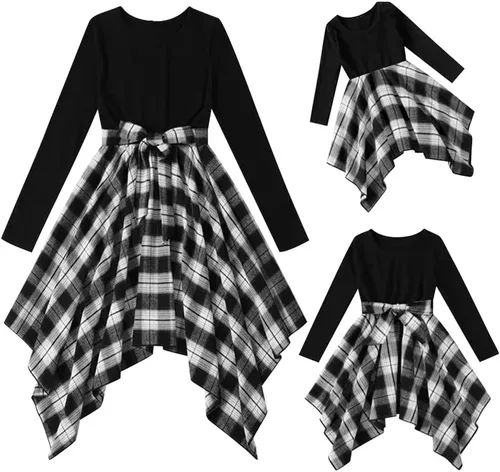AWIBMK Vestidos de Navidad para mamá y yo, vestido a cuadros verde y rojo, para otoño, invierno, Navidad, vacaciones, mamá, hija, trajes a juego