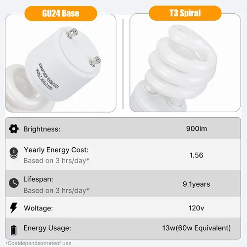 Miniatura 3 de Winkcao CFL - Bombillas fluorescentes compactas con base GU24, espiral T3 de 13 vatios (equivalente a 60 vatios), color blanco suave, 2700 K, 900
