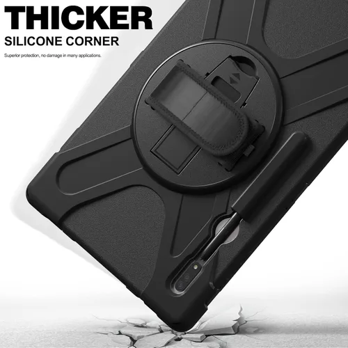 Miniatura 3 de Funda a prueba de golpes para Galaxy Tab S8 Ultra de 14.6 pulgadas 2022, funda resistente con cinturón de mano giratorio de 360°, correa de hombro