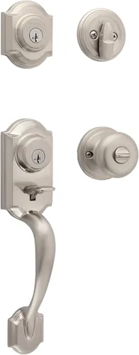 Kwikset SmartKey Montara Juego de manijas de un cilindro con picaporte Juno en latón pulido, 95530-018 Níquel satinado