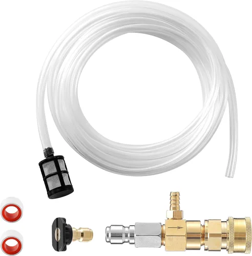 JOEJET Inyector aguas abajo para lavadora a presión, kit de inyector químico fijo con conexión rápida de 3/8 pulgadas, manguera de sifón de 10 pies,