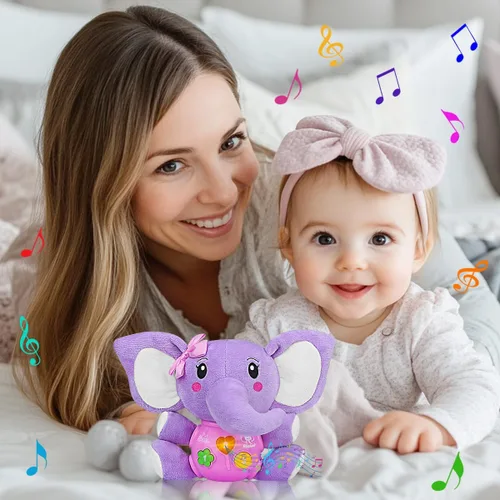 Miniatura 7 de Aitbay elefante musical de peluche, juguete para bebés de 0, 3, 6, 9 y 12 meses, juguete con luces para niños y niñas de 1 año, regalo para bebés