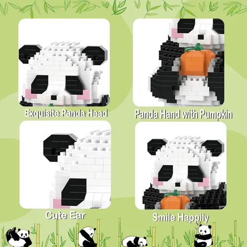 Miniatura 4 de Mini bloques de construcción de Halloween, panda sentado con calabaza, micro bloques de juguete para niños de 6, 7, 8, 9+, juegos de construcción