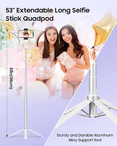 Miniatura 5 de Trípode para selfie stick de 53 pulgadas con luz, soporte mejorado para teléfono celular de 4 patas, trípode para cámara con control remoto Negro A