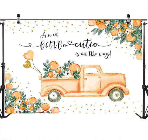 Miniatura 3 de Mocsicka A Little Cutie - Telón de fondo para baby shower, color naranja y camión, fondo de baby shower, tema mandarina, baby shower, para niña