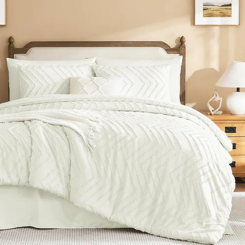 Miniatura 26 de Litanika Juego de ropa de cama con edredón tamaño King con sábanas beige - Juego de 7 piezas en una bolsa, diseño King Chevron copetudo bohemio