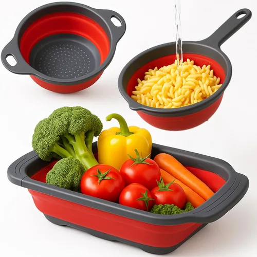 Miniatura 19 de Colador redondo de silicona azul plegable – Colador de cocina plegable pequeño colador plegable azul con asas de plástico para drenar verduras