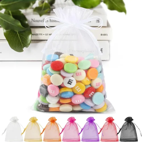 ANZNKU Paquete de 50 bolsas de organza pequeñas de 4 x 6 pulgadas, bolsa de regalo, bolsa de malla transparente, bolsas de regalo blancas con Blanco