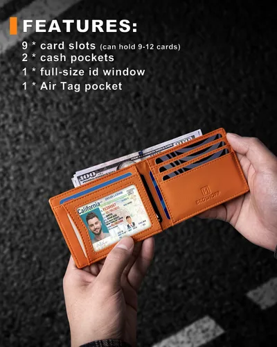Miniatura 17 de Billetera AirTag para hombre, de piel auténtica plegable con bloqueo Rfid AirTag con ranuras para efectivo y ventana de identificación, compatible