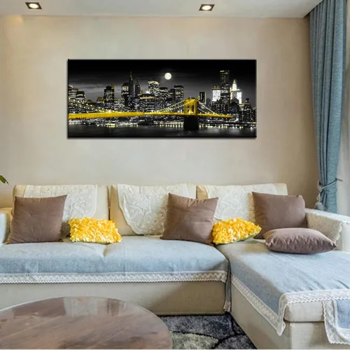 Miniatura 2 de Biuteawal Impresión en lienzo amarillo en blanco y negro de la ciudad de Nueva York, puente de Brooklyn en la noche de la luna, pintura fotográfica